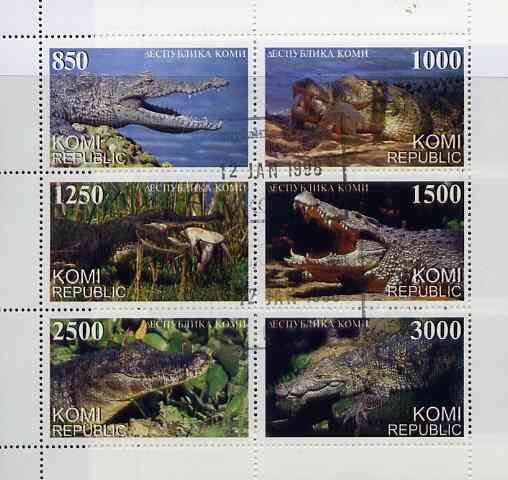 Komi Republic 1997 Reptiles (Crocodiles) perf sheetlet containing complete set of 6 cto used, stamps on , stamps on  stamps on animals, stamps on reptiles, stamps on crocodiles