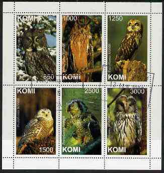 Komi Republic 1997 Owls perf sheetlet containing complete set of 6 cto used, stamps on birds, stamps on birds of prey, stamps on owls
