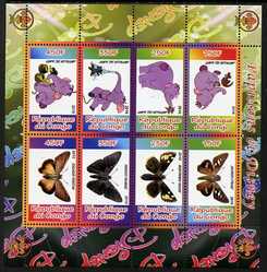 Congo 2010 Disney & Butterflies #1 perf sheetlet containing 8 values with Scout Logo unmounted mint, stamps on disney, stamps on films, stamps on cinema, stamps on movies, stamps on cartoons, stamps on scouts, stamps on butterflies