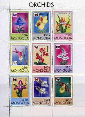 Mongolia 1997 Orchids and Butterflies sheetlet containing complete set of 9 values unmounted mint, stamps on , stamps on  stamps on flowers, stamps on orchids, stamps on butterflies