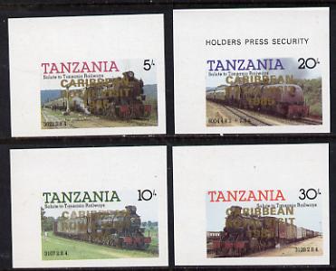 Tanzania 1985 Locomotives imperf proof set of 4 each with Caribbean Royal Visit 1985 opt in gold (unissued) unmounted mint, stamps on railways, stamps on royalty, stamps on royal visit