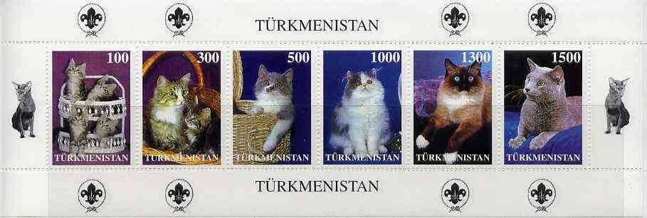 Turkmenistan 1997 Domestic Cats  sheetlet containing complete set of 6 values (with Scout Logo in margins), stamps on cats    animals    scouts, stamps on knots