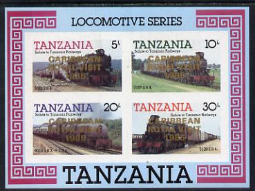 Tanzania 1985 Locomotives imperf proof miniature sheet with 'Caribbean Royal Visit 1985' opt in gold (unissued) unmounted mint, stamps on railways, stamps on royalty, stamps on royal visit