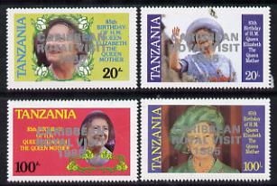 Tanzania 1985 Life & Times of HM Queen Mother perf proof set of 4 each with Caribbean Royal Visit 1985 opt in silver (unissued) unmounted mint*, stamps on royalty, stamps on royal visit , stamps on queen mother
