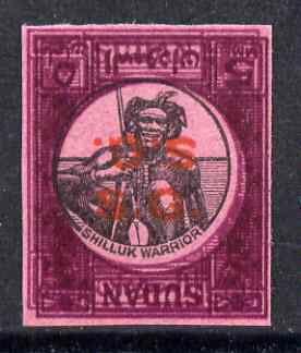 Sudan 1951-61 Shilluk Warrior Official 5m imperf proof on pink ungummed paper ex De La Rue archives, with frame and SG opt both doubled, one inverted, as SG O71*, stamps on militaria, stamps on  kg6 , stamps on 
