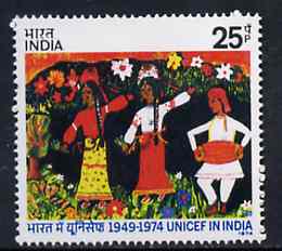 India 1974 25th Anniversary of UNICEF (Painting of Indian Dancers by Amita Shah unmounted mint SG 749*, stamps on dancing    arts    unicef    united-nations    children