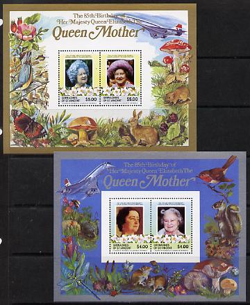 St Vincent - Grenadines 1985 Life & Times of HM Queen Mother the set of 2 m/sheets containing 2 x $4 and 2 x $5 values (depicts Concorde, Fungi, Butterflies, Birds & Animals) unmounted mint, stamps on animals, stamps on aviation, stamps on birds, stamps on butterflies, stamps on fungi, stamps on royalty, stamps on queen mother, stamps on concorde, stamps on aviation