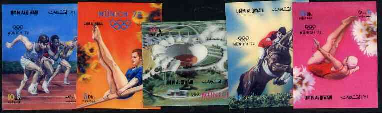 Umm Al Qiwain 1972 Munich Olympic Games set of 5 in 3-dimensional format on plastic card unmounted mint, Mi 587-91, stamps on sport    olympics     show-jumping    horses     diving     sprinting     gymnastics    stadia, stamps on  3d , stamps on gym , stamps on gymnastics, stamps on 