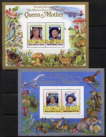 Montserrat 1985 Life & Times of HM Queen Mother the set of 2 m/sheets containing 2 x $3.50 and 2 x $6 values (depicts Concorde, Fungi, Butterflies, Birds & Animals) unmounted mint, stamps on animals, stamps on aviation, stamps on birds, stamps on butterflies, stamps on fungi, stamps on royalty, stamps on queen mother, stamps on concorde, stamps on aviation