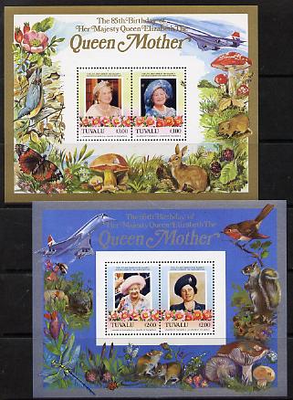 Tuvalu 1985 Life & Times of HM Queen Mother (Leaders of the World) the set of 2 m/sheets containing 2 x $2 and 2 x $3 values (depicts Concorde, Fungi, Butterflies, Birds ..., stamps on animals, stamps on aviation, stamps on birds, stamps on butterflies, stamps on fungi, stamps on royalty, stamps on queen mother, stamps on concorde, stamps on aviation