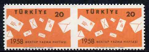 Turkey 1958 International Correspondence Week unmounted mint pair imperf between, SG 1832var, stamps on , stamps on  stamps on letters      writing