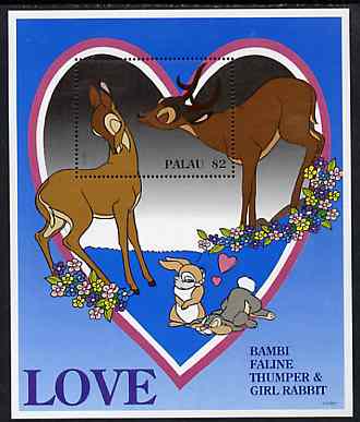 Palau 1996 Disney Sweethearts $2 m/sheet (Bambi) unmounted mint, stamps on disney, stamps on films, stamps on cinema, stamps on love