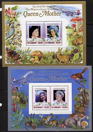 St Vincent 1985 Life & Times of HM Queen Mother the set of 2 m/sheets containing 2 x $3.50 and 2 x $6 values (depicts Concorde, Fungi, Butterflies, Birds & Animals) unmou..., stamps on animals, stamps on aviation, stamps on birds, stamps on butterflies, stamps on fungi, stamps on royalty, stamps on queen mother, stamps on concorde, stamps on aviation