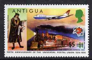 Antigua 1975 $5 on $1 from provisional surcharges set unmounted mint, SG 424*, stamps on postman, stamps on beoing, stamps on jumbo, stamps on 747, stamps on railways, stamps on aviation
