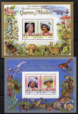 Tuvalu - Nanumaga 1985 Life & Times of HM Queen Mother (Leaders of the World) the set of 2 m/sheets containing 2 x $2.10 and 2 x $2.50 values (depicts Concorde, Fungi, Bu..., stamps on animals, stamps on aviation, stamps on birds, stamps on butterflies, stamps on fungi, stamps on royalty, stamps on queen mother, stamps on concorde, stamps on aviation