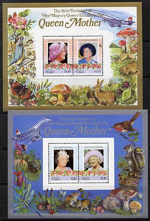 Tuvalu - Nukulaelae 1985 Life & Times of HM Queen Mother (Leaders of the World) the set of 2 m/sheets containing 2 x $1.20 and 2 x $3.50 values (depicts Concorde, Fungi, ..., stamps on animals, stamps on aviation, stamps on birds, stamps on butterflies, stamps on fungi, stamps on royalty, stamps on queen mother, stamps on concorde, stamps on aviation