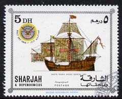 Sharjah 1969 Ships - Apollo 12 opt on 5Dh (Santa Maria) cto used with opt omitted & inverted on gummed side, stamps on ships, stamps on space, stamps on columbus