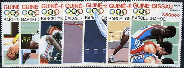 Guinea - Bissau 1989 Barcelona Olympic Games  (1st Issues) set of 7 unmounted mint, SG 1119-25, Mi 1041-47*, stamps on sport     olympics      hurdles    high jump    sprinting    running    gymnastics    pole vault       boxing, stamps on  gym , stamps on gymnastics, stamps on 