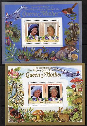 Tuvalu - Nui 1985 Life & Times of HM Queen Mother (Leaders of the World) the set of 2 m/sheets containing 2 x $1.50 and 2 x $3.50 values (depicts Concorde, Fungi, Butterf..., stamps on animals, stamps on aviation, stamps on birds, stamps on butterflies, stamps on fungi, stamps on royalty, stamps on queen mother, stamps on concorde, stamps on aviation