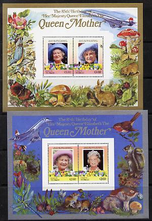 Tuvalu - Funafuti 1985 Life & Times of HM Queen Mother (Leaders of the World) the set of 2 m/sheets containing 2 x $2 and 2 x $3 values (depicts Concorde, Fungi, Butterfl..., stamps on animals, stamps on aviation, stamps on birds, stamps on butterflies, stamps on fungi, stamps on royalty, stamps on queen mother, stamps on concorde, stamps on aviation