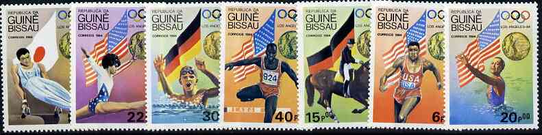 Guinea - Bissau 1983 Los Angeles Olympic Games  Gold Medallists set of 7 unmounted mint, SG 896-902, Mi 818-24*, stamps on sport     olympics      flags    running    gymnastics    dressage     swimming     swimming     hurdles, stamps on  gym , stamps on gymnastics, stamps on 