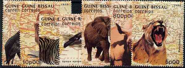 Guinea - Bissau 1988 Animals & Birds (Background of Maps) unmounted mint set of 7, SG 1029-35, Mi 982-88*, stamps on animals, stamps on maps, stamps on lion, stamps on cats, stamps on owls, stamps on zebra, stamps on birds, stamps on elephant, stamps on rhino, stamps on hoopoe, stamps on birds of prey, stamps on fowl