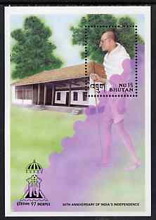 Bhutan 1997 50th Anniversary of India's Independence m/sheet containing 15nu stamp showing Gandhi, with Indpex imprint unmounted mint, stamps on gandhi, stamps on stamp exhibitions