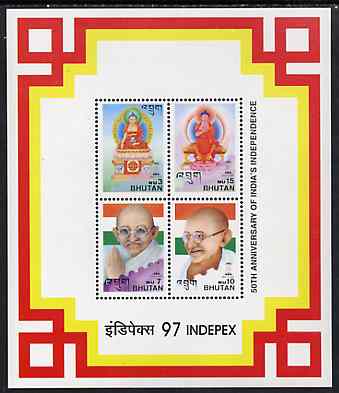 Bhutan 1997 50th Anniversary of Indias Independence m/sheet containing 4 values showing Buddha & Gandhi, with Indpex imprint unmounted mint, stamps on gandhi , stamps on stamp exhibitions      religion    buddha, stamps on buddhism