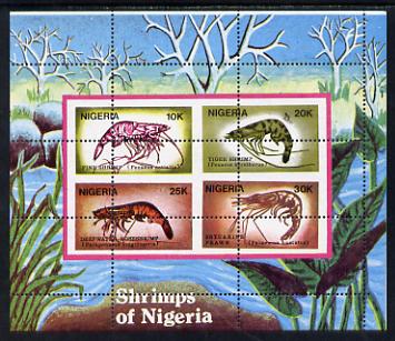 Nigeria 1988 Shrimps m/sheet (SG MS 564) unmounted mint with wrong perf pattern - horiz & vert perfs misplaced through centre of stamps , stamps on food   marine-life