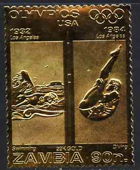 Zambia 1984 Los Angeles Olympic Games 90n perf embossed in 22k gold foil showing Swimming & Diving unmounted mint, stamps on olympics    swimming    diving