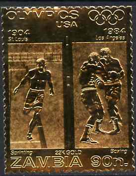Zambia 1984 Los Angeles Olympic Games 90n perf embossed in 22k gold foil showing Sprinting & Boxing unmounted mint, stamps on olympics, stamps on running, stamps on boxing