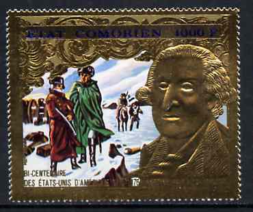 Comoro Islands 1976 USA Bicentenary 1000f (George Washington) emossed in gold foil (perf) unmounted mint Mi 264, stamps on usa-presidents     personalities     americana