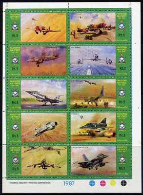 Pakistan 1987 Air Force Day sheetlet containing complete set of 10 values unmounted mint, SG 715a, stamps on aviation, stamps on hawker, stamps on supermarine, stamps on lockheed     