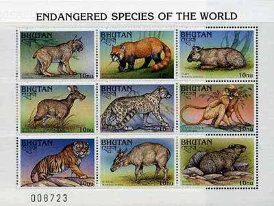 Bhutan 1997 Endangered Animals sheetlet containing set of 9 values unmounted mint, stamps on animals    lynx     panda    deer     cats     leopard    apes    tiger     marmot, stamps on tigers