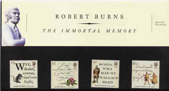 Great Britain 1996 Death Bicentenary of Robert Burns (Poet) set of 4 in official presentation pack SG 1901-04, stamps on poetry, stamps on literature, stamps on books, stamps on death, stamps on masonics, stamps on scots, stamps on scotland, stamps on masonry, stamps on burns