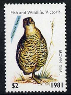 Australia 1981 Fish & Wildlife Hunting Permit Stamp (for Victoria) $2 showing Brown Quail unmounted mint*, stamps on , stamps on  stamps on birds     hunting     game    fish    cinderella