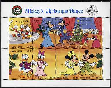 Sierra Leone 1988 Christmas - Mickey's Christmas Dance unmounted mint sheetlet containing set of 8 values, SG 1175a, stamps on christmas, stamps on disney, stamps on dancing