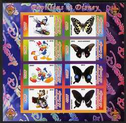 Congo 2010 Disney & Butterflies #2 imperf sheetlet containing 8 values with Scout Logo unmounted mint, stamps on disney, stamps on films, stamps on cinema, stamps on movies, stamps on cartoons, stamps on scouts, stamps on butterflies