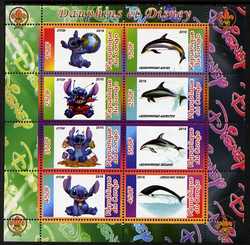 Congo 2010 Disney & Dolphins perf sheetlet containing 8 values with Scout Logo unmounted mint, stamps on disney, stamps on films, stamps on cinema, stamps on movies, stamps on cartoons, stamps on scouts, stamps on dolphins