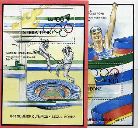 Sierra Leone 1989 Seoul Olympic Medal Winners set of 2 m/sheets unmounted mint, SG MS 1211, stamps on sport, stamps on olympics, stamps on fencing, stamps on swimming