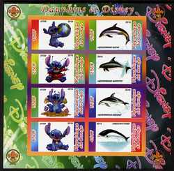Congo 2010 Disney & Dolphins imperf sheetlet containing 8 values with Scout Logo unmounted mint, stamps on , stamps on  stamps on disney, stamps on  stamps on films, stamps on  stamps on cinema, stamps on  stamps on movies, stamps on  stamps on cartoons, stamps on  stamps on scouts, stamps on  stamps on dolphins