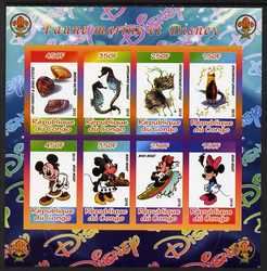 Congo 2010 Disney & Marine Life imperf sheetlet containing 8 values with Scout Logo unmounted mint, stamps on disney, stamps on films, stamps on cinema, stamps on movies, stamps on cartoons, stamps on scouts, stamps on marine life, stamps on shells, stamps on fish