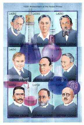 Sierra Leone 1995 Nobel Prize Winners IMPERF sheetlet #3 containing 9 values unmounted mint, as SG 2418a, stamps on personalities, stamps on nobel, stamps on chemistry