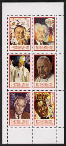 Turkmenistan 2000 Personalities perf sheetlet containing 6 values unmounted mint, stamps on personalities, stamps on films, stamps on entertainments, stamps on disney, stamps on movies, stamps on cinema, stamps on einstein, stamps on science, stamps on physics, stamps on nobel, stamps on maths, stamps on space, stamps on judaica, stamps on atomics.pope, stamps on popes, stamps on jazz, stamps on usa presidents, stamps on churchill, stamps on  ww2 , stamps on 