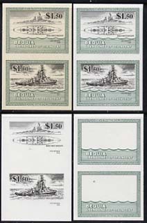 St Vincent - Bequia 1985 Warships of World War 2, $1.50 USS Nevada unmounted mint set of 4 imperf se-tenant progressive proof pairs comprising printings of green, black, green & black plus green & black with buff background (unvarnished) a rare group from the Format archives (4 proof pairs), stamps on ships, stamps on  ww2 , stamps on 
