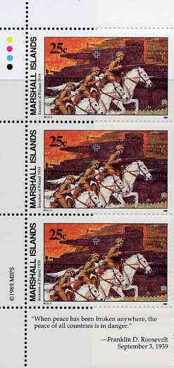 Marshall Islands 1989 History of Second World War (#01) 25c Cavalry & Tanks, unmounted mint strip of 3 with Roosevelt quotation in margin, SG 248, stamps on ww2     horses      tanks     militaria    teddy bears    usa-presidents, stamps on nato, stamps on  ww2 , stamps on 