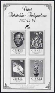 Ciskei 1981 Independence imperf black print m/sheet containing set of 4 unmounted mint, as SG 1-4, stamps on heraldry, stamps on arms, stamps on flag