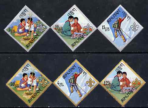 Bhutan 1967 Boy Scouts unmounted mint perf set of 6 diamond shaped, SG 126-31, Mi 143-48, stamps on , stamps on  stamps on scouts, stamps on diamond, stamps on mountaineering