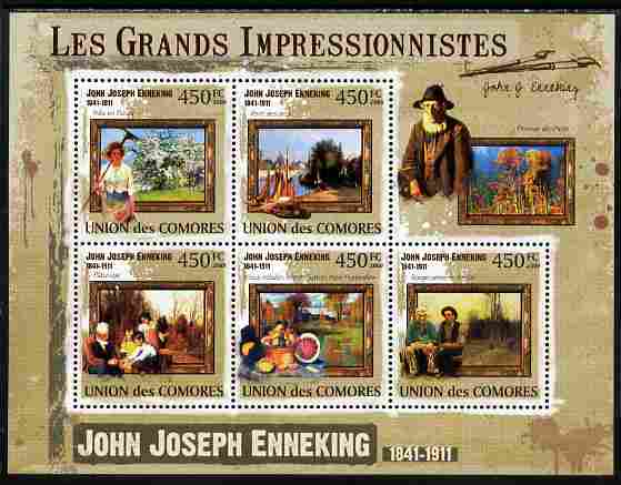 Comoro Islands 2009 The Impressionists - John Joseph Enneking perf sheetlet containing 5 values unmounted mint, stamps on arts