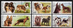 Somalia 1997 Dogs complete perf set of 6 values, cto used*, stamps on , stamps on  stamps on dogs, stamps on  stamps on mastiff, stamps on  stamps on  gsd , stamps on  stamps on doberman, stamps on  stamps on malamute, stamps on  stamps on bulldog, stamps on  stamps on rough collie